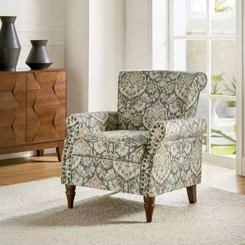 Araceli Traditional Wooden Upholstered Floral Armchair with Wingback and Nailhead Trim| ART OF LIVING DESIGNS