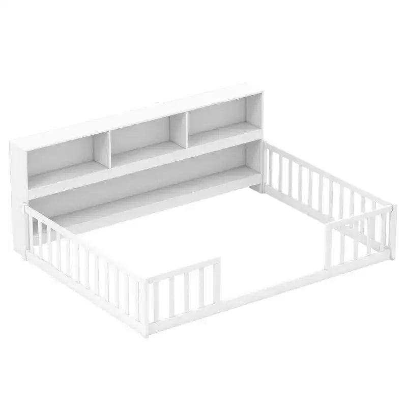 Twin/Full Size Montessori Floor Bed with Bookcase Storage Shelves & Safety Fence Rails White/Gray