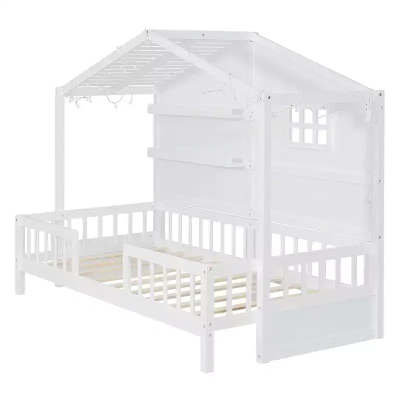 Lit cabane double avec étagères de rangement et barrières, cadre de lit Montessori en bois pour enfants avec fenêtre et bande lumineuse scintillante