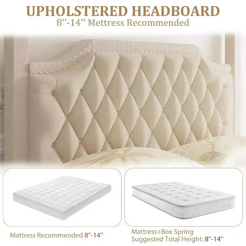 Queen Size Canopy Bed Frame with Poles 4 Corner Bed Bracket, Solid Wood Slats Support, No Box Spring Needed, Noise Free