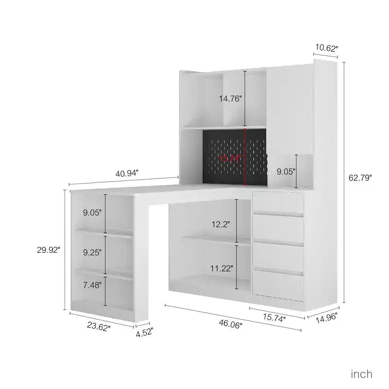 46-Inch L-Shaped Corner Desk with Bookshelf and Drawers
