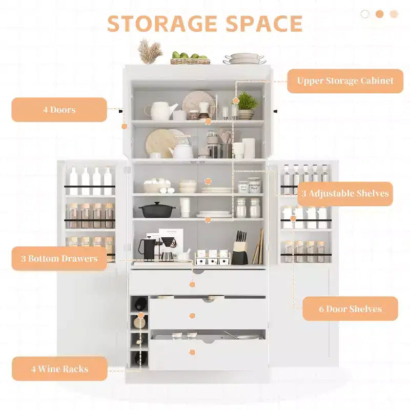 77H Freestanding Kitchen Pantry, Farmhouse Storage Cabinet with Adjustable Shelves, Door Shelves, Drawers & Wine Racks - ModernLuxe