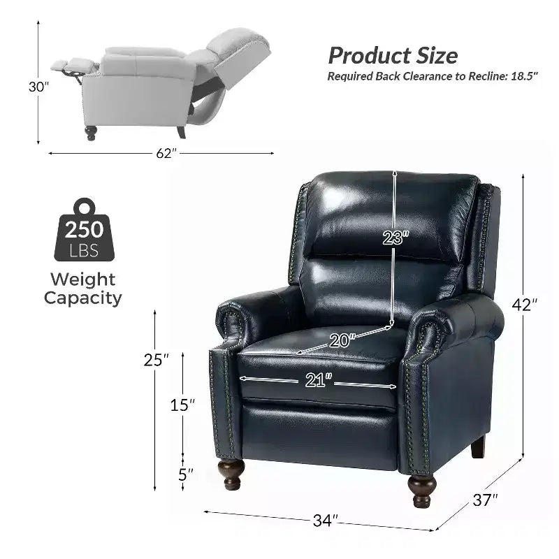 Set of 2 Elisabete Modern Wingback Genuine Leather Recliner with Vintage Nail Head Trim for Living Room and Bedroom| ART OF LIVING DESIGNS