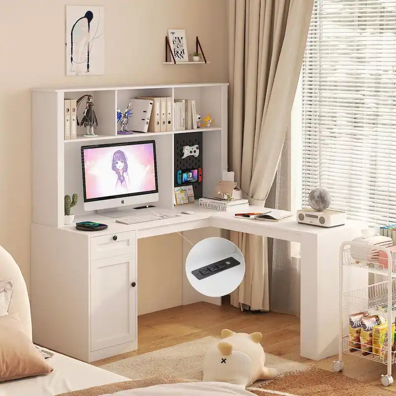 L Shaped Desk with outlet, Computer Desk with Drawers, Bookshelf & Hutch, Modern Corner Desk, Home Office Desk