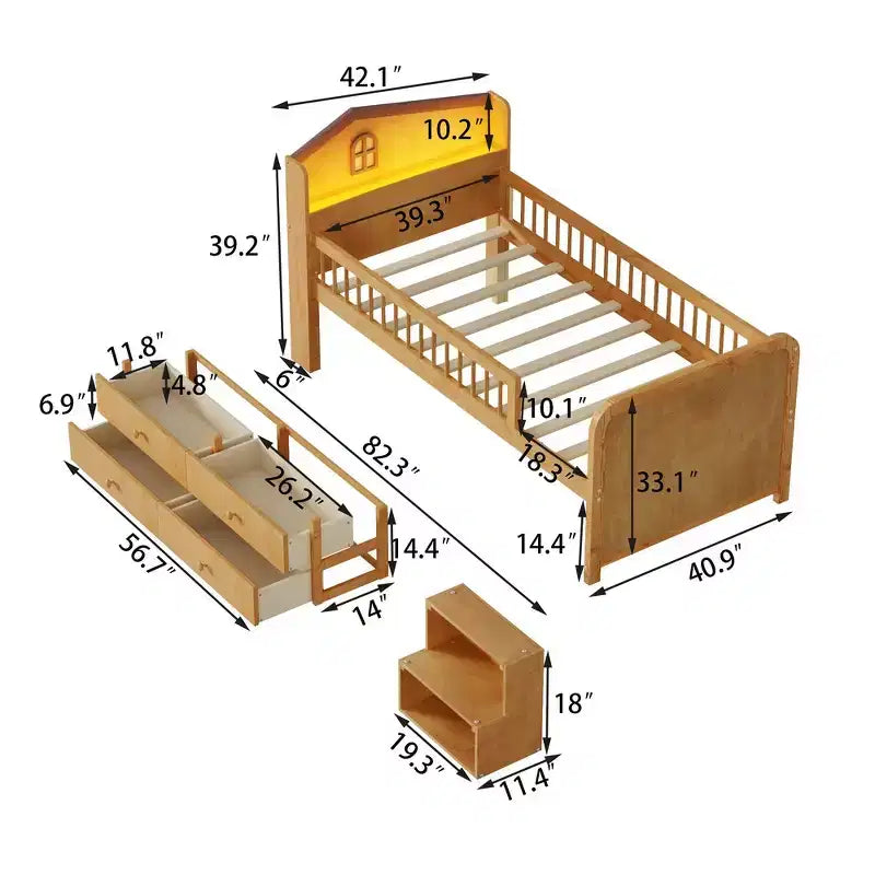 Whisen Low Twin Loft Bed with LED Lights, House Shape Headboard & Storage Drawers, Solid Construction
