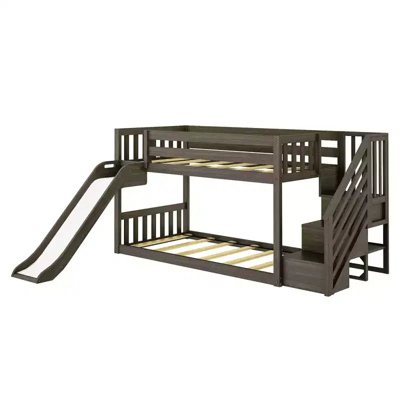 Low Twin over Twin Bunk With Stairs, Easy Slide & Firetruck Curtain