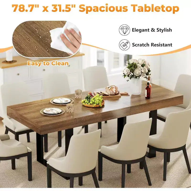 Zevemomo 63-78.7 Expandable Dining Table, 6-10 Rectangular Kitchen Table with Metal Track, Tapered U-Shaped Legs for Dining Room, Office-Brown