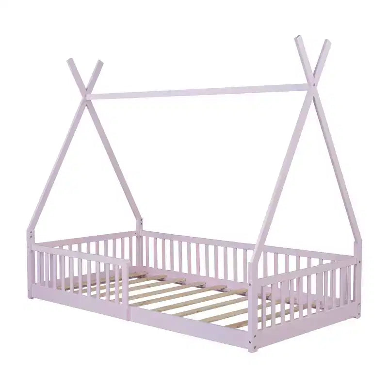 Floor Bed for Kids, Twin Size Tent Beds, Montessori Floor Bed with Slats and Fence Rails, Wood House Bed Frame for Boys Girls