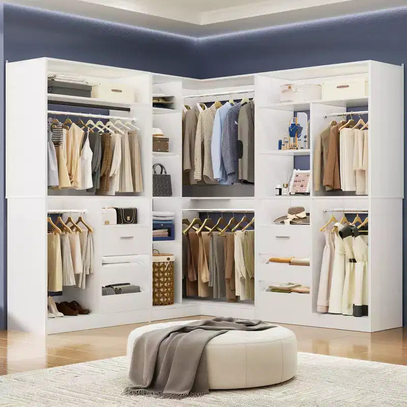 Besiost Set of 3 Corner Closet System with Tower Shelves and Drawers, Freestanding Closet Organizer with Hanging Rods