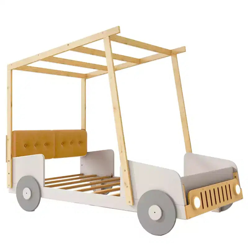 Whisen Wood Car Bed with Pillow, Ceiling Cloth and LED - Natural