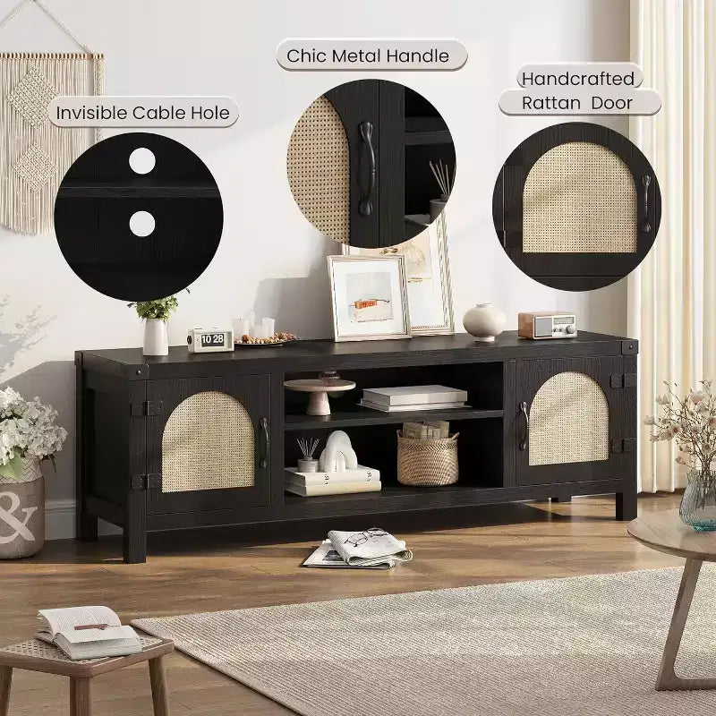 65-inch Bohemian-style TV stand with wicker door - Wooden entertainment center with two cabinets and adjustable shelves, suitable for living rooms