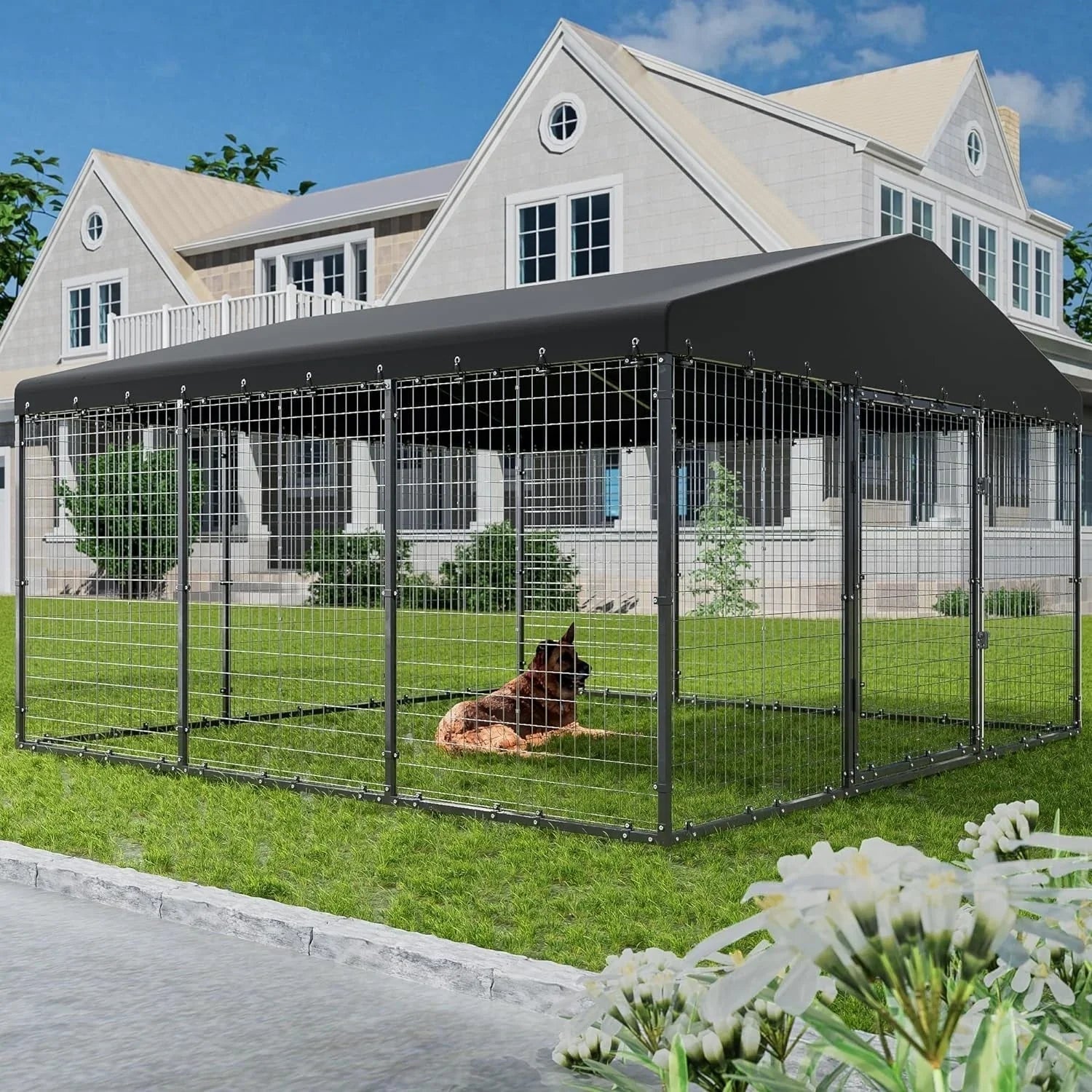 Grande niche extérieure pour chien L 118 x P 118 x H 70, enclos pour chien robuste avec toit étanche