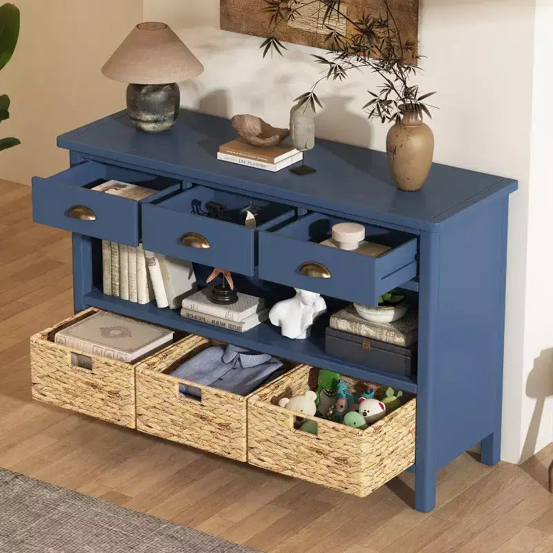 Entryway Console Table with Storage, Farmhouse Hallway Table with 3 Drawers and 3 Water Hyacinth Baskets for Living Room or Foyer - Panipeachy