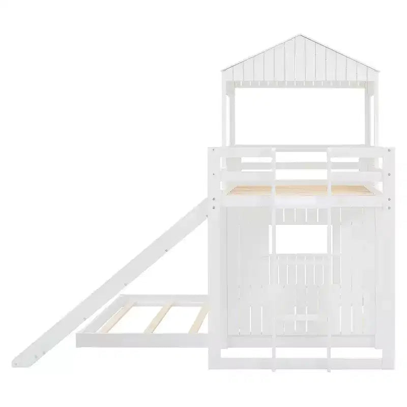 Luxystar Twin Over Full Wood Bunk Bed with Playhouse, Slide and Guardrails