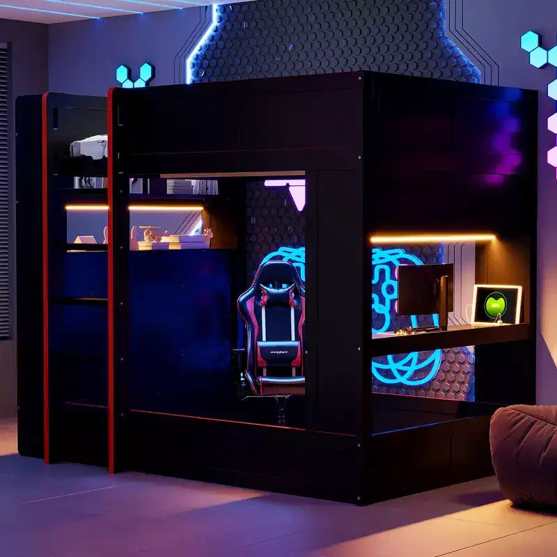 Full Size Wood Gaming Bunk Bed with Built-In Desk, Storage Shelves, 7-Color LED Lights & Charging Station, Black - ModernLuxe