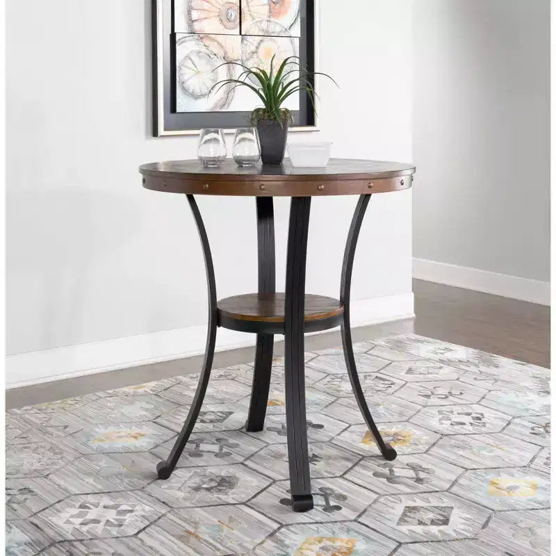 40" Angelo Bar Height Table Oak - Powell: Transitional Bronze Metal Legs, Circular Shelf