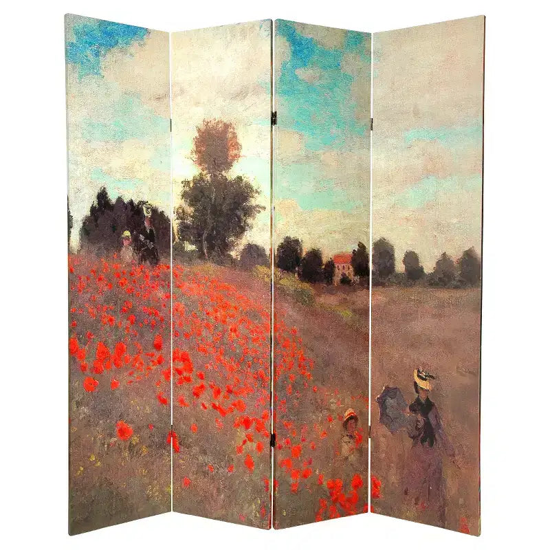 Monet Fine Art Double Sided Room Divider Japanese Bridge and Poppy Field in Argenteu - Oriental Furniture