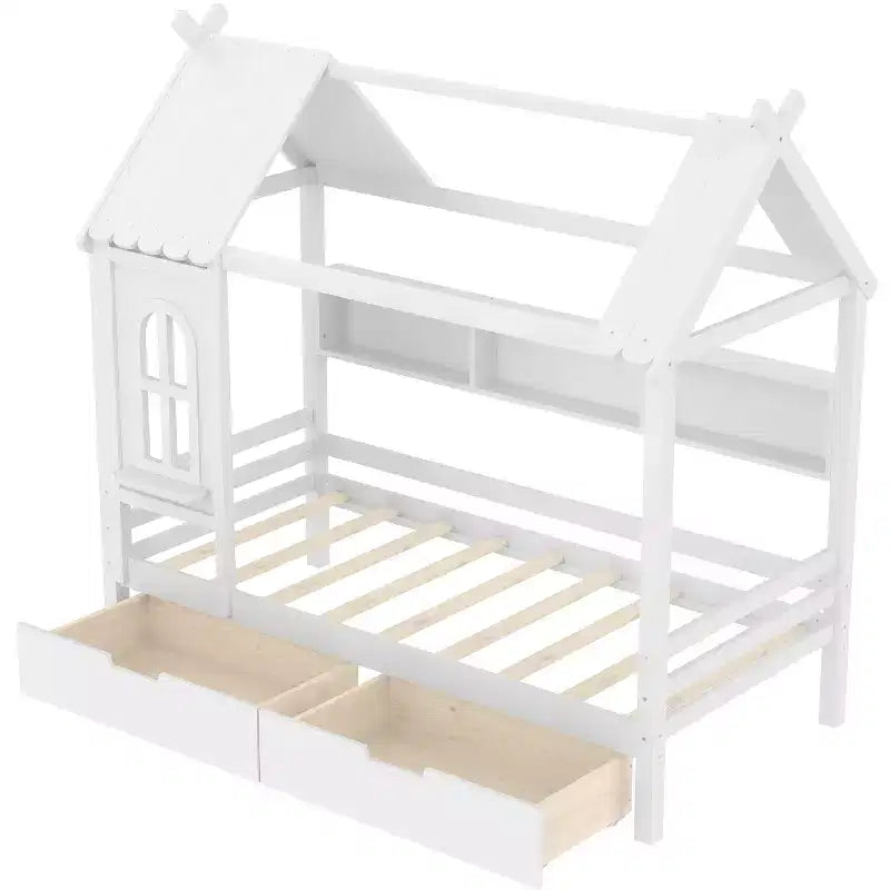 House Platform Bed with Storage Drawers and Window, Solid Wood Frame with Shelves, Childlike Fun Design, Light White