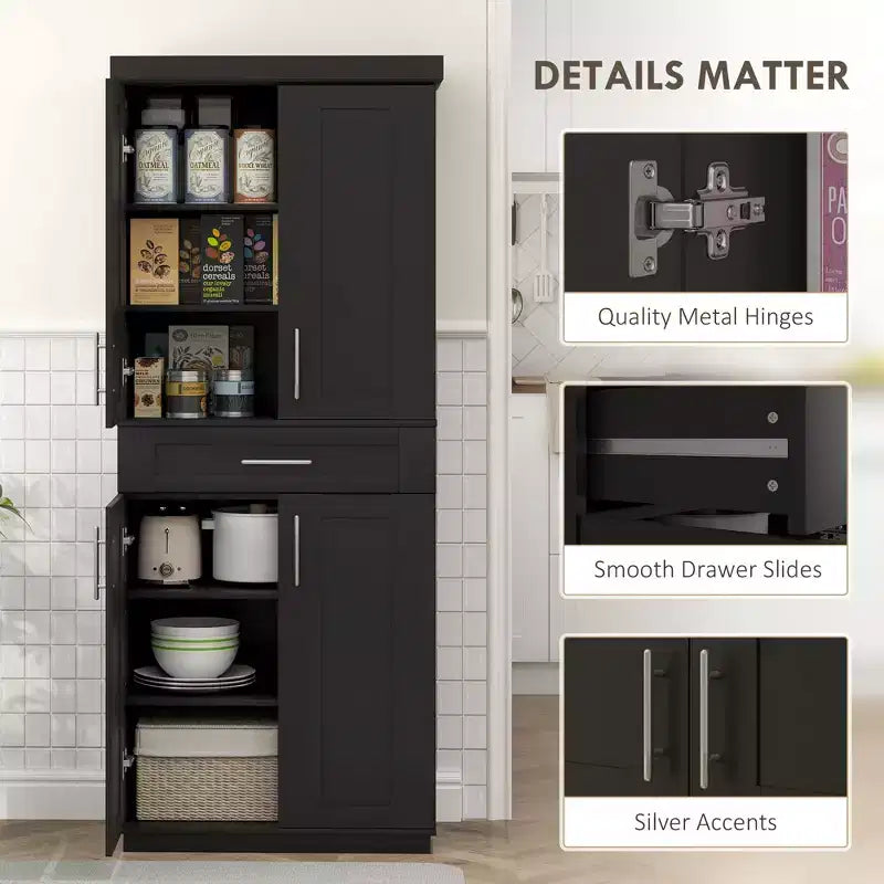 Modern Kitchen Pantry Freestanding Cabinet Cupboard with Doors and Drawer, Adjustable Shelving