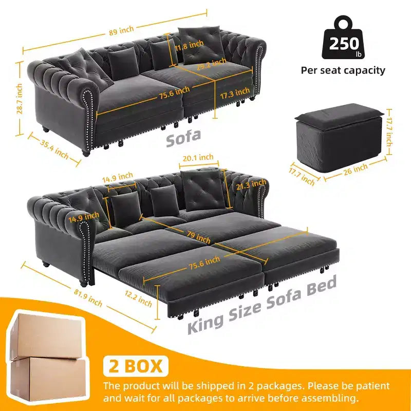Canapé-lit gigogne 3-en-1 King Size Whisen Velvet et canapé convertible avec pouf mobile, design capitonné