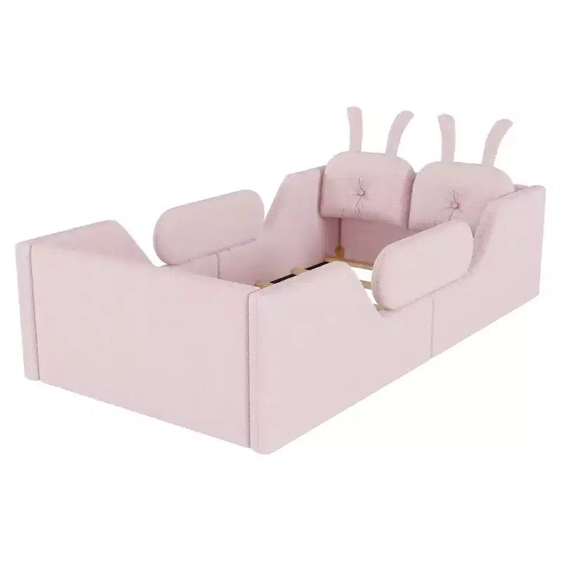Whisen Twin Platform Bed, Kids Floor Upholstered Bed Frame with Rabbit Cushion, Removable Side Rails