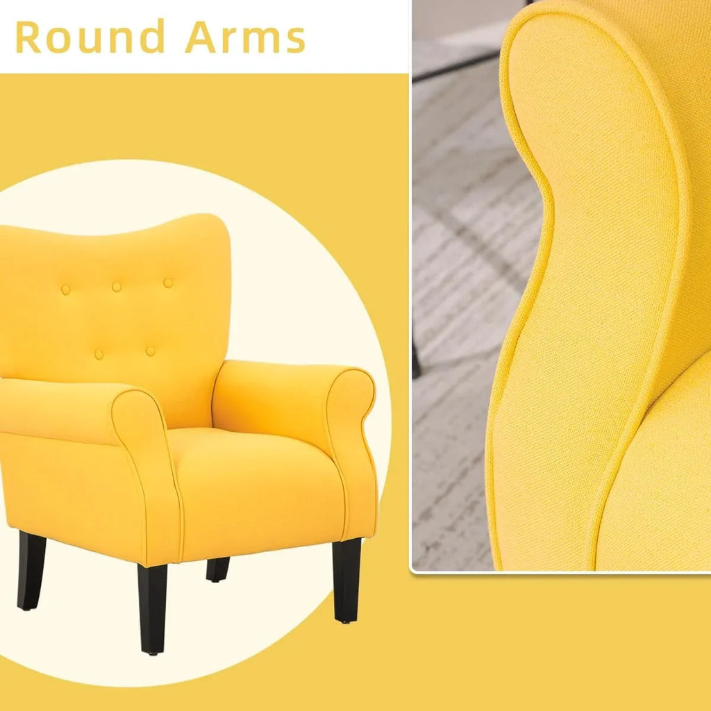 Erommy Modern Accent Chair, High Back Armchair, Upholstered Fabric Button Single Sofa with Wooden Legs for Living Room