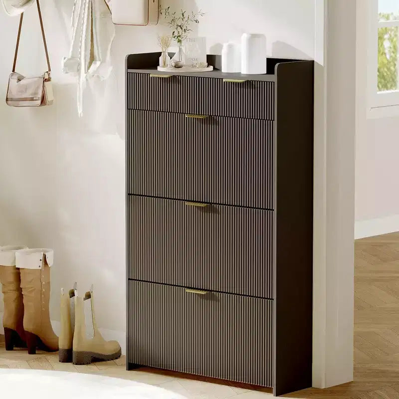Modern White Shoe Cabinet with 3 Flip Drawers & 2 Small Drawers & Hook, Slim Fluted Shoe Storage Organizer, Narrow Entryway Cabinet