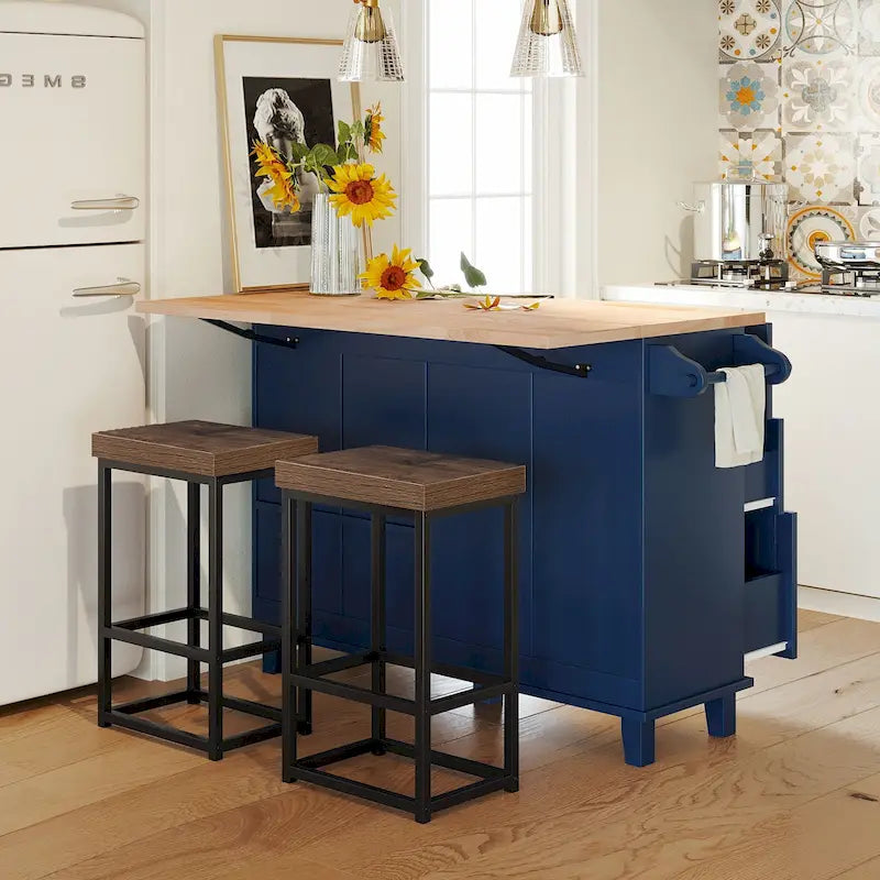 Ensemble d'îlot de cuisine TOPMAX avec abattant et 2 tabourets, ensemble de table à manger avec étagère réglable, tiroirs et porte-serviettes