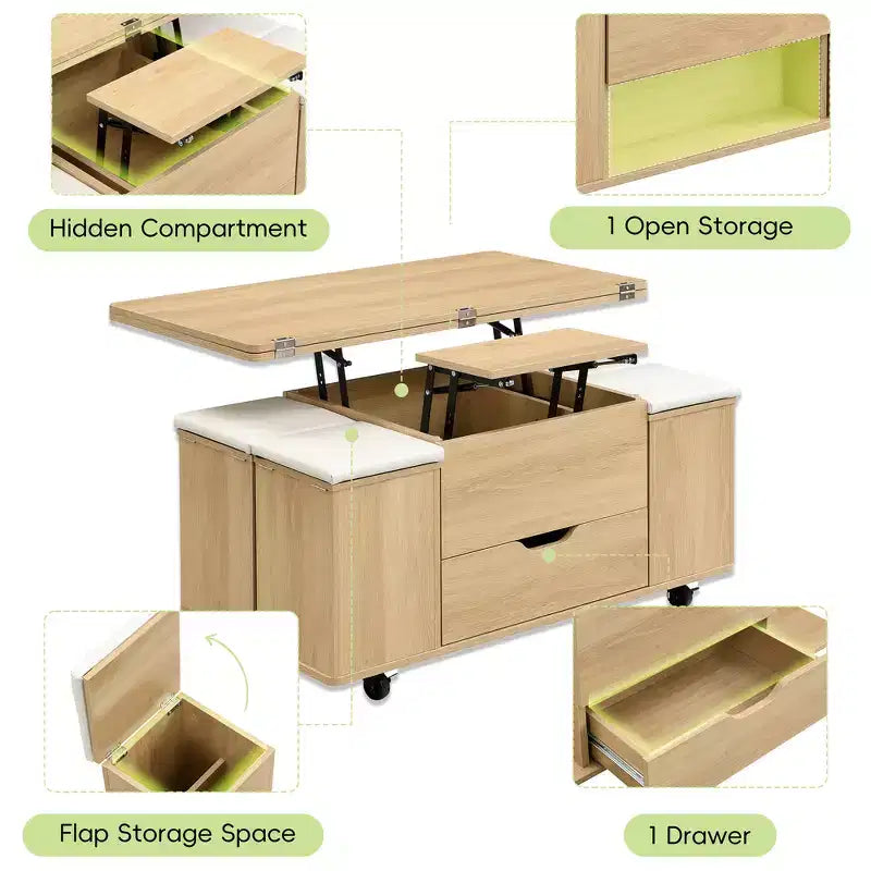 Multi-Function Modern Lift-Top Coffee Table with Hidden Storage, 4 Stools and Casters, Perfect for Modern Living Spaces