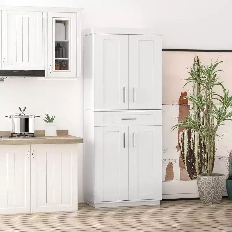 Modern Kitchen Pantry Freestanding Cabinet Cupboard with Doors and Drawer, Adjustable Shelving