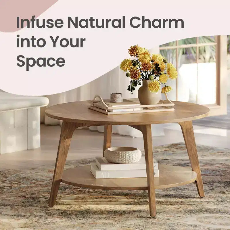 Honey Brown Round Coffee Table with 2 Tiers of Storage, Measuring 31.5 x 17.7 Inches, Ideal for the Living Room