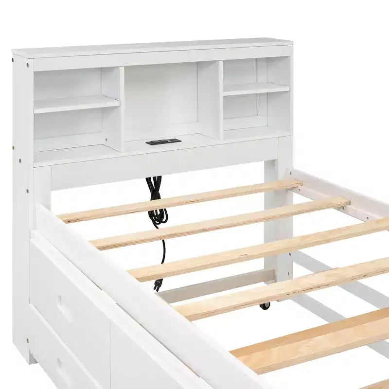 Platform Bed with Trundle and Drawers, Storage Platform Bed with USB, Wood Platform Bed with Bookcase
