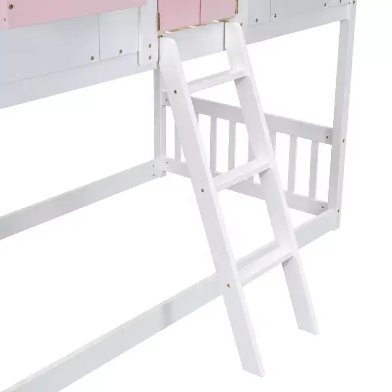Twin Size House-Shaped Loft Bed, Wood Playhouse Loft Bed with Ladder & Guardrails for Kids