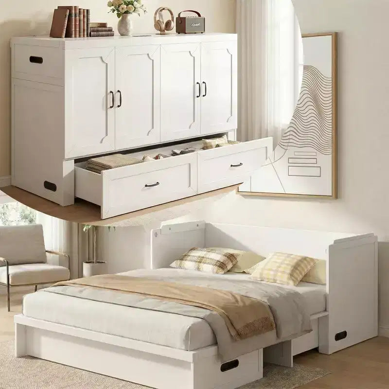 Mjkone Queen Size Convertible Murphy Cabinet Bed with Mattress, USB Charging, Storage Drawers
