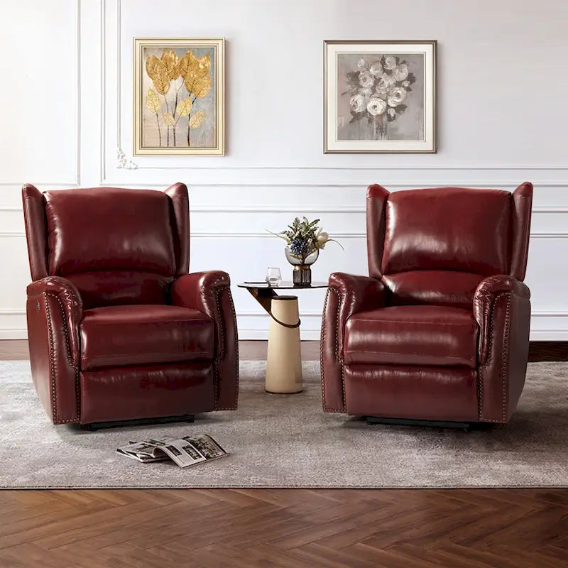 Genuine Leather Power Recliner with USB Port 鈥?Wingback Nailhead Set of 2