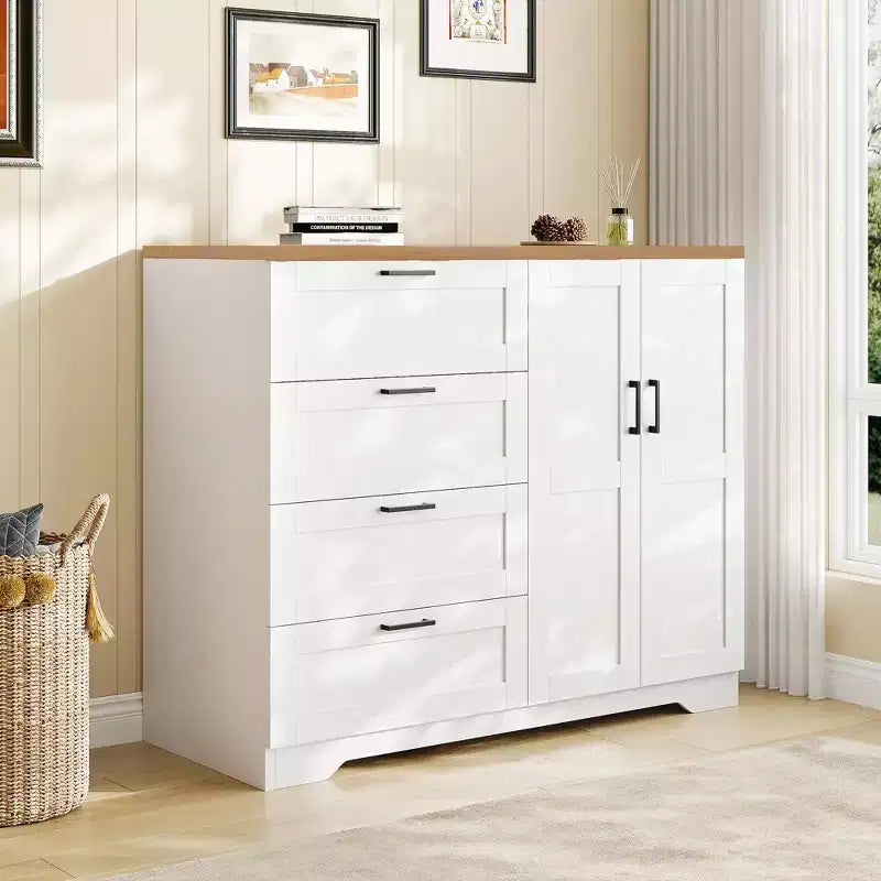 43.3 H Wood Armoire Wardrobe Closet with 4 Drawers & Hanging Rod, Multifunctional Bedroom Clothing Storage Cabinet Dresser