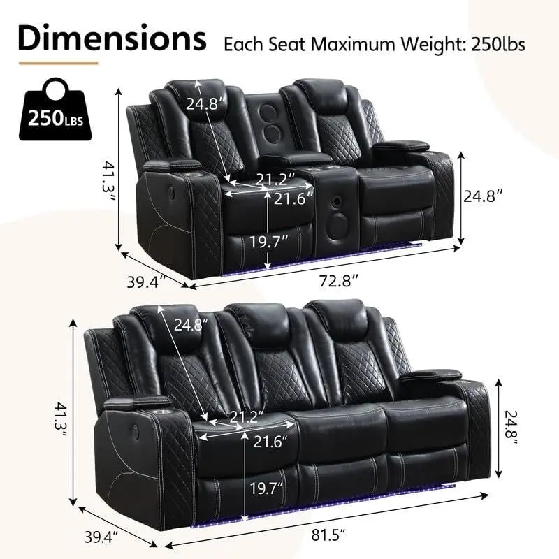 Power Reclining Sofa with Wireless Charger,Reading Light for Living Room,Faux Leather LED Light,AC/USB Port,Cup Holder,Black
