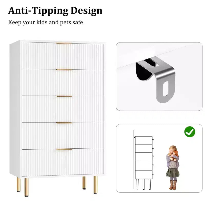 Commode à 5 tiroirs blanche / marbre et bois – Panneau cannelé, pour 1 personne