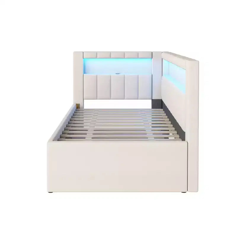 Lit de repos double/complet avec tiroir gigogne et tête de lit bibliothèque en L, lit d'angle doux rembourré en lin avec étagères de rangement et bande LED