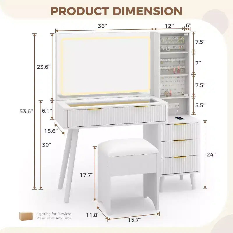 Coiffeuse de maquillage cannelée de 48 pouces avec grand miroir et lumières, coiffeuse de maquillage moderne avec station de charge et tabouret de rangement rembourré pour la maison