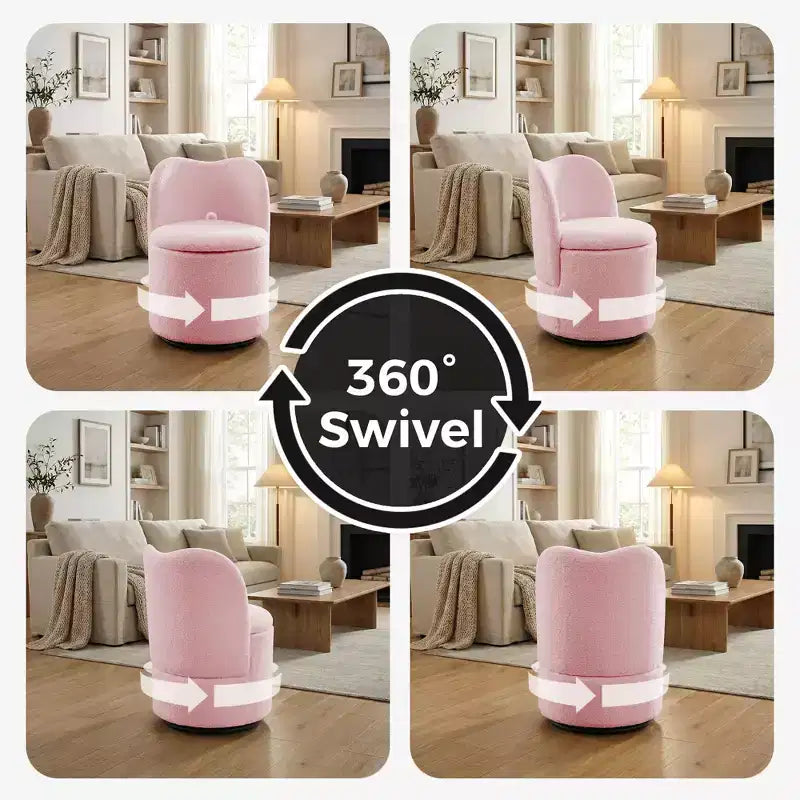 Swivel Vanity Chair with Storage, Upholstered Round Makeup Stool with Back, Soft Padded Barrel Accent Armchair for Bedroom & Living Room