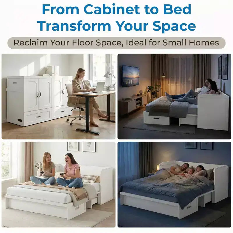 Mjkone Queen Size Convertible Murphy Cabinet Bed with Mattress, USB Charging, Storage Drawers