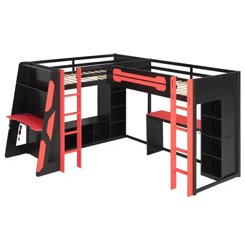 L-Shaped Gaming Loft Bed with Desks, Double Twin Loft Beds with LED Lights, USB Ports, Storage Bookshelves, Wood Corner Loft Bed for 2