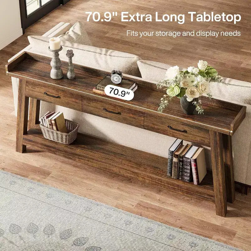 Lantine 2-Tier Sofa Table with 3 Drawers, 70.9 Console Table with Raised Baffle and Storage Shelves for Living Room, Hallway, Entryway