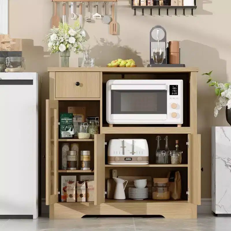 Kitchen Microwave Cabinets with Storage,with 3 Doors,1 Drawer and Adjustable Shelves, Pantry Storage Cabinet