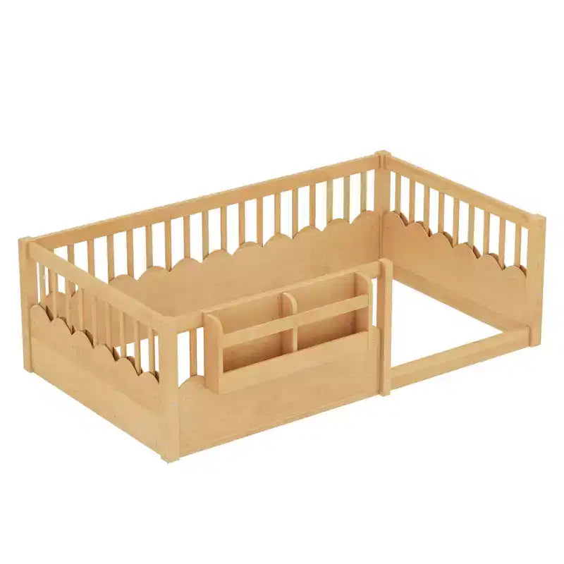 Bellemave Kids Floor Bed with Heightened Fence and Bookshelf, Wooden Twin Montessori Bed Frame for Girls Boys