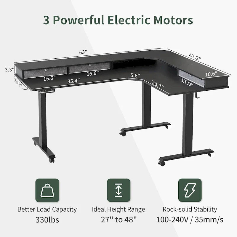 L-Shaped Electric Standing Desk with 3 Drawers & Lockable Casters, 63