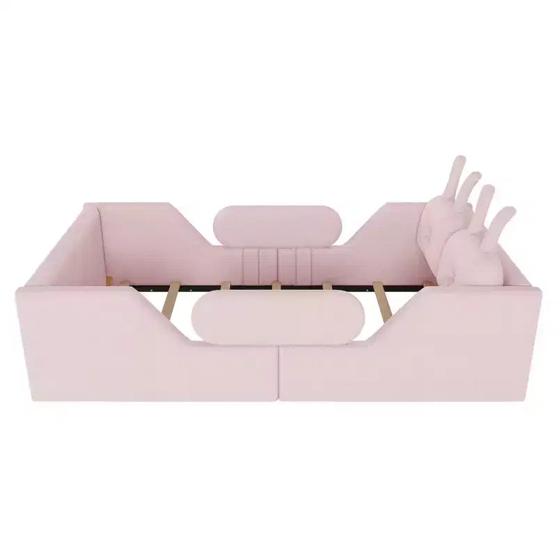 Whisen Twin Platform Bed, Kids Floor Upholstered Bed Frame with Rabbit Cushion, Removable Side Rails