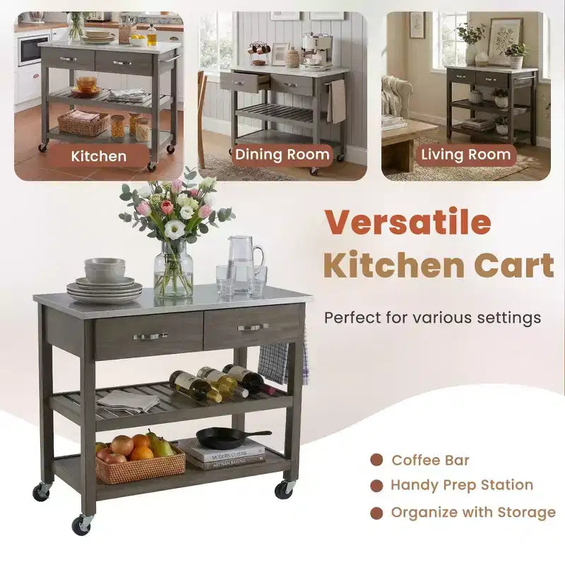 Rolling Kitchen Cart with Marble Top Solid Wood Kitchen Island Cart with 2 Drawers 3-Tier Kitchen Trolley with Lockable Detachable Wheels & Towel Rack