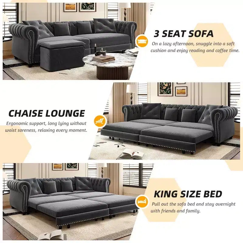 Canapé-lit gigogne 3-en-1 King Size Whisen Velvet et canapé convertible avec pouf mobile, design capitonné